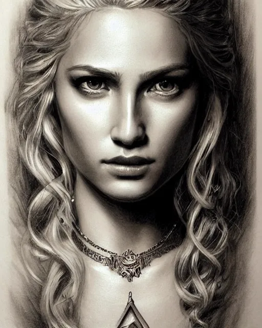 Image similar to pencil drawing of beautiful greek goddess aphrodite with arrowhead jewelry, beautiful piercing eyes, beautiful blonde hair, hyper realistic face, in the style of greg rutkowski, fantasy, amazing detail, epic, elegant, smooth, sharp focus, from the front