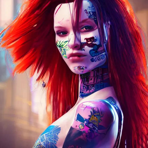 Image similar to Portrait of Robot Girl with long red hair and a tattoo in the style of the game CYBERPUNK 2077 , very beautiful Enga style, the girl is wrapped in color, photorealism