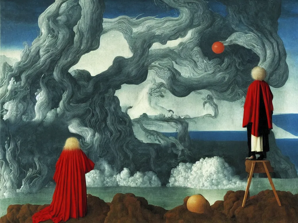 Prompt: albino mystic, with his back turned, with beautiful exotic Urchin looking at a island being engulfed, flooded by a tsunami giant wave. Painting by Jan van Eyck, Audubon, Rene Magritte, Agnes Pelton, Max Ernst, Walton Ford