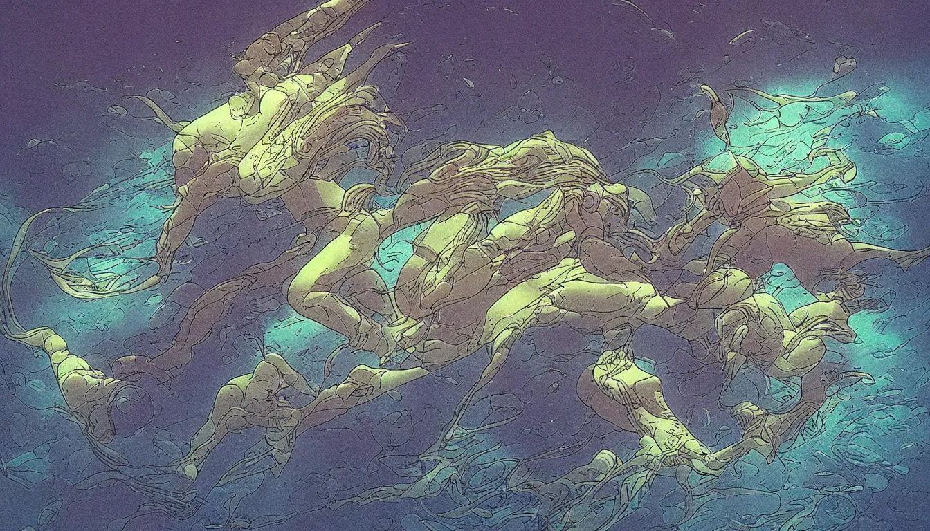 Image similar to underwater, filtered light, moebius