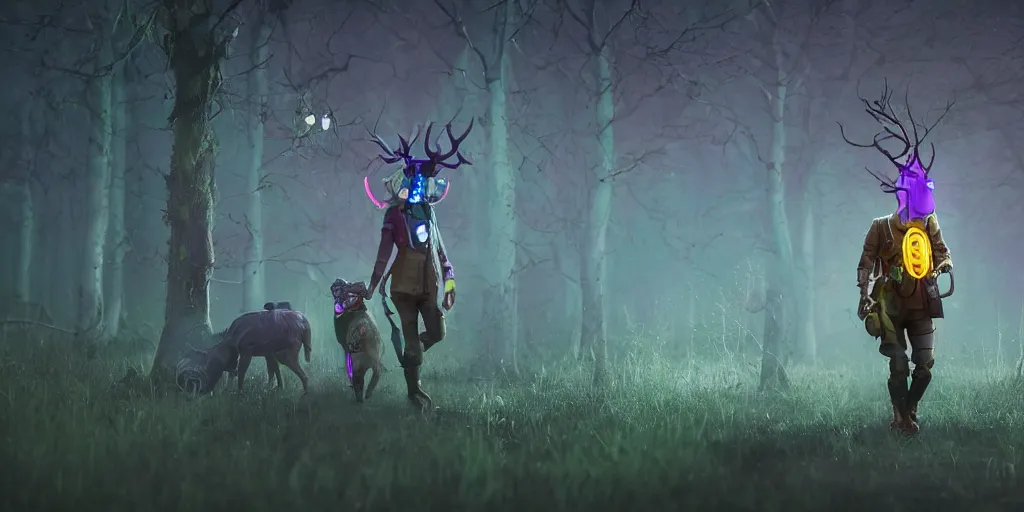 Image similar to a beautifully strange image of a gamekeeper wearing a dieselpunk mechanical fluorescent mystical animal mask. walking in the misty, dangerous river. in style of fornite game. award winning. dramatic. trending on artstation. high quality. rendered by beeple, by makoto shinkai, syd meade, digital art, unreal engine 5, fornite game. octane render