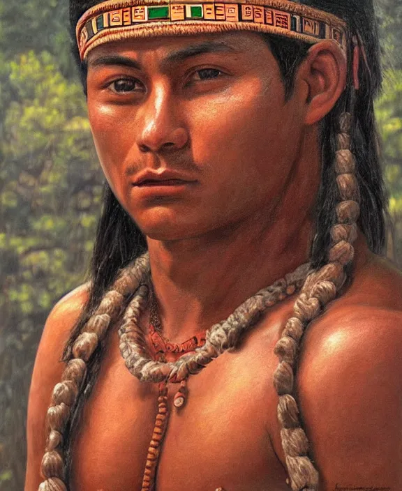 Image similar to portrait of a handsome young mayan warrior in yucatan, art by denys tsiperko and franz xaver kosler and bogdan rezunenko, hyperrealism