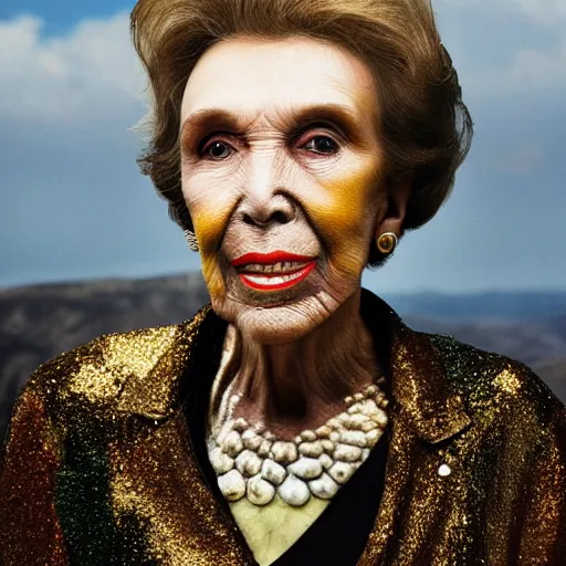 Prompt: a portrait of zombie nancy reagan with background scenery by juergen teller, iris van herpen