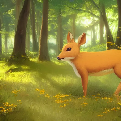 Image similar to concept art painting of an anthropomorphic chubby doe wearing yellow dress, in the deep forest, realistic, detailed, cel shaded, in the style of makoto shinkai and greg rutkowski and james gurney