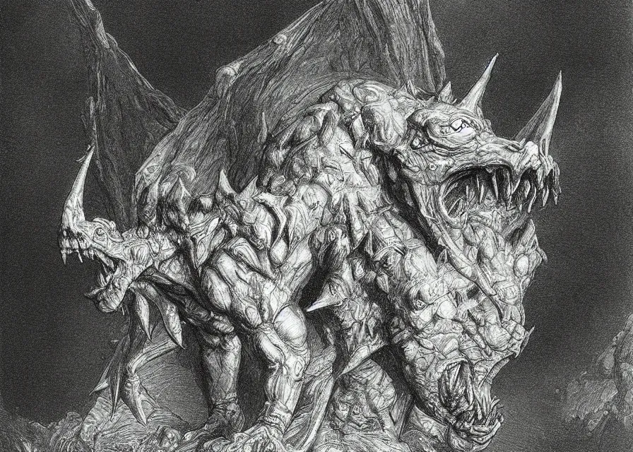 Image similar to “gargoyle demon, pencil illustration by Gustave Dore”