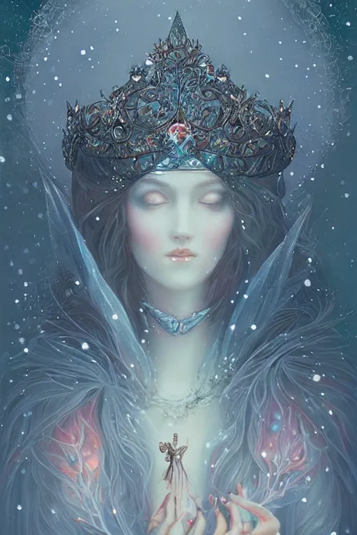 Image similar to jeweled Crown, other worldly, fairy winter court, snow, art nouveau, by Anato Finnstark, Tom Bagshaw, Brom