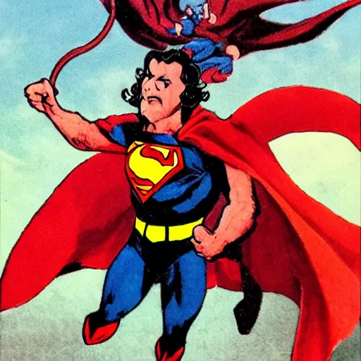 Image similar to satan dressed as superman is devil flying with whip demon tail. detailed. photorealistic