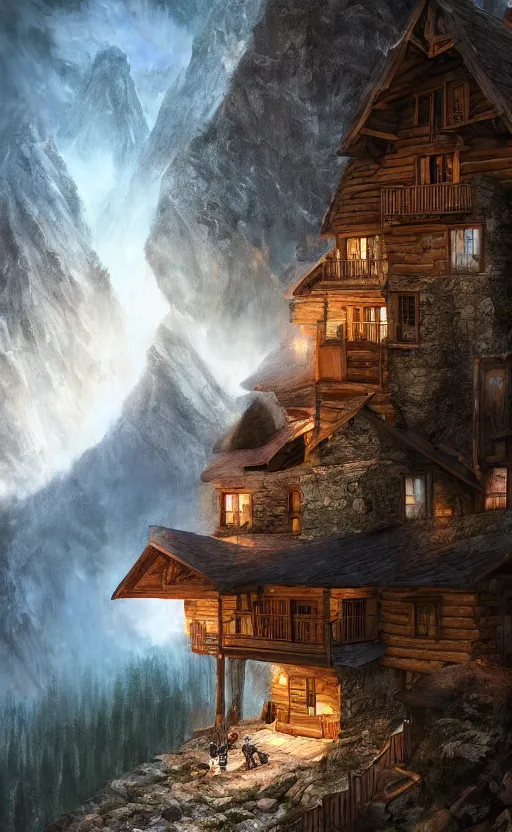 Image similar to cabin high on a mountain, the valley beneath, dynamic lighting, photorealistic fantasy concept art, trending on art station, stunning visuals, creative, cinematic, ultra detailed