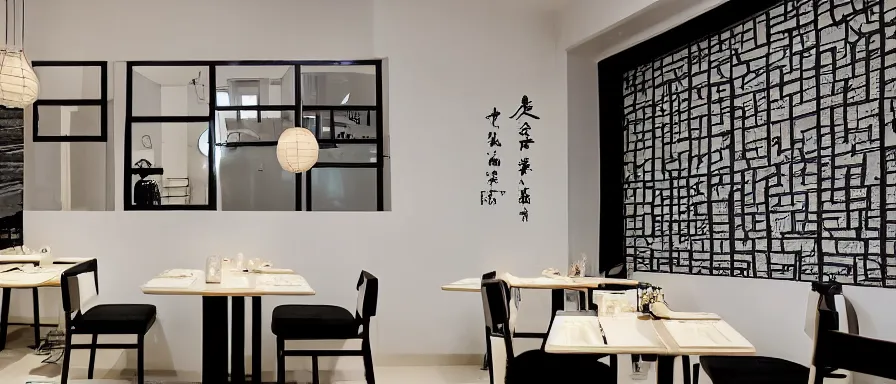 Image similar to a beautiful simple interior 4 k hd wallpaper illustration of small roasted string hotpot restaurant restaurant yan'an, wall corner, from china, yan'an characteristic wall and white tile floor, rectangle white porcelain table, black chair, fine simple delicate structure, chinese style, simple style structure decoration design, victo ngai, 4 k hd