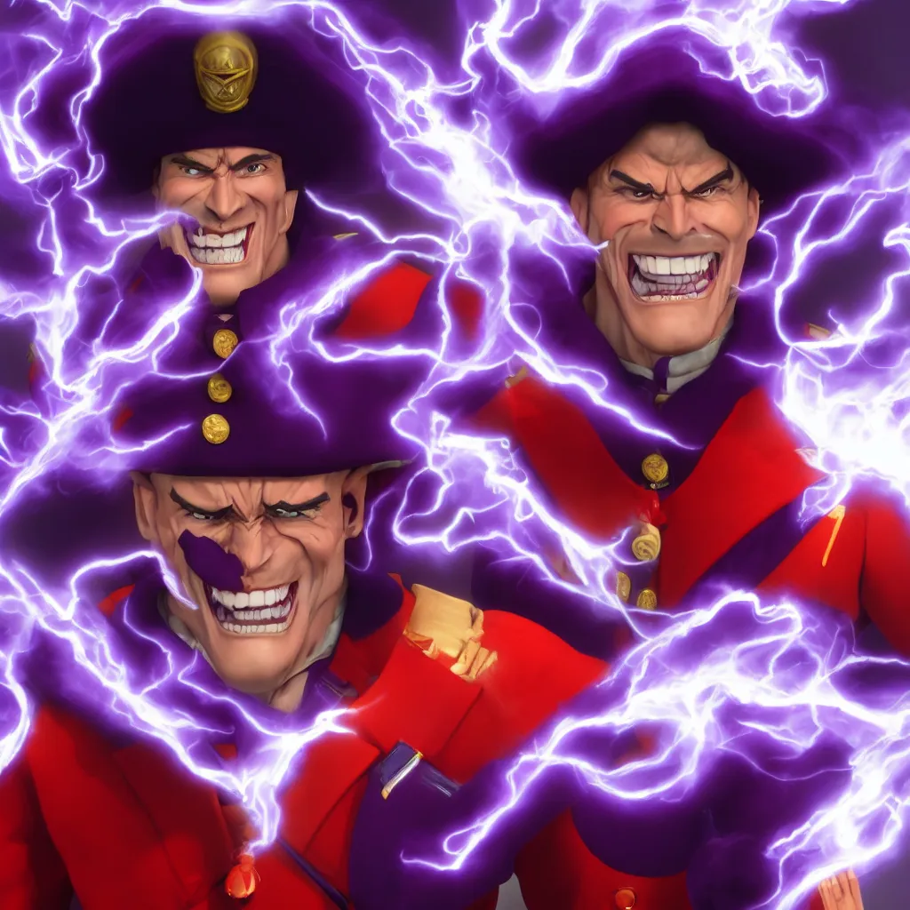 Image similar to m. bison, full body, big smile white teeth, purple smoke, purple lightning, volumetric light, highly detailed, sharp focus, 8 k