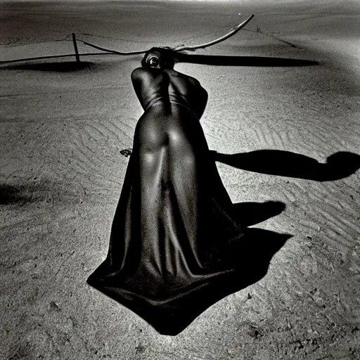 Image similar to Back view of the grim reaper, curvy, deep shadows, award winning, by Lucien Clergue