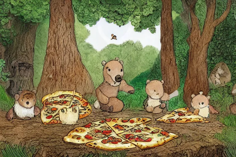 Prompt: a detailed and lively children's book illustration by beatrix potter of lots of woodland animals having a pizza party in the woods. a big pizza oven is tended by a large brown grizzly bear, and a stork flies above. digital art, trending on artstation.
