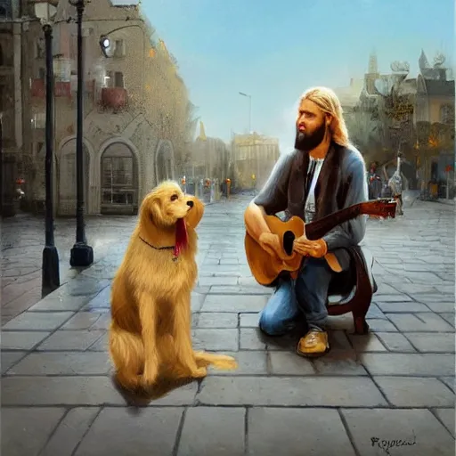 Image similar to oil painting of a young man with long hair blond and a beard hippie style with his golden retrever dog playing guitar in the square for money, people watching around, by greg rutkowski, artstation