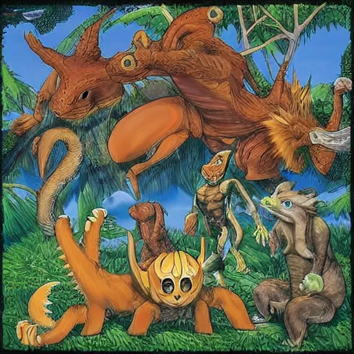 Image similar to A beautiful land art of a group of creatures that looks like a mix of different animals. Most of the creatures have human-like features, such as arms and legs, and some are standing upright while others are crawling or flying. Digimon by Larry Elmore relaxed