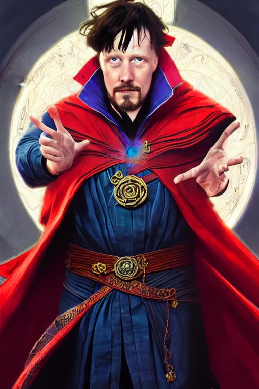 Image similar to Boris Johnson as Doctor Strange, armor plate, realistic portrait, symmetrical, highly detailed, digital painting, artstation, concept art, smooth, sharp focus, illustration, cinematic lighting, art by artgerm and greg rutkowski and alphonse mucha