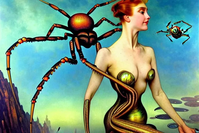 Image similar to realistic extremely detailed portrait painting of a fully dressed woman with a giant spider, futuristic sci-fi landscape on background by Amano, Yves Tanguy, Alphonse Mucha, Ernst Haeckel, Edward Robert Hughes, Roger Dean, rich moody colours, blue eyes