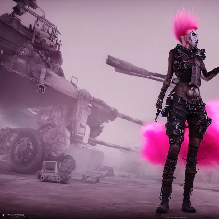 Prompt: beautiful apocalyptic woman with pink Mohawk, mad max panzer tank, 4k ultra hd, fantasy dark art, artstation, octane render