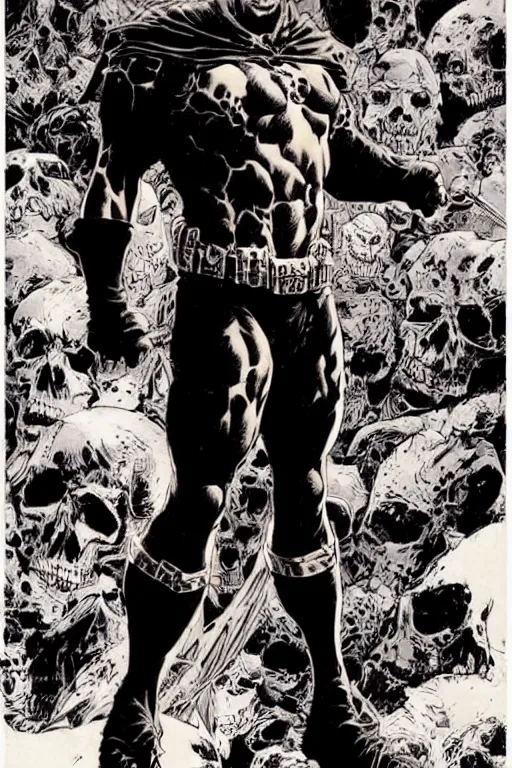 Image similar to A full body portrait of a new antihero character standing on skulls art by Marc Silvestri and Jim Lee, trending on artstation, ominous, mysterious