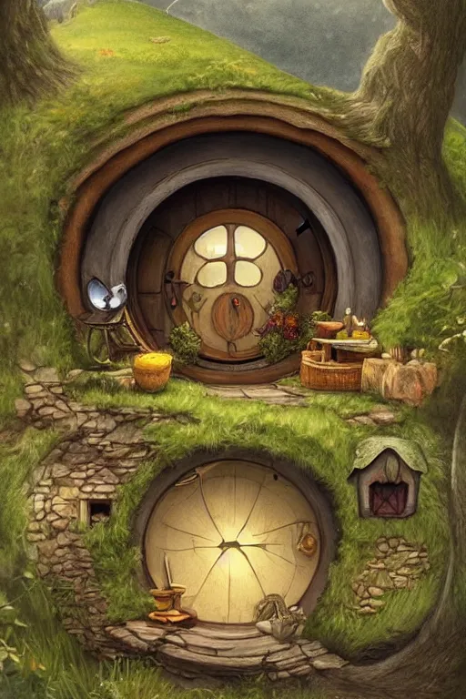 Prompt: beautiful matte painting of a hobbit house with round door and windows under a hill, whimsical by brian kesinger and bridget bate tichenor