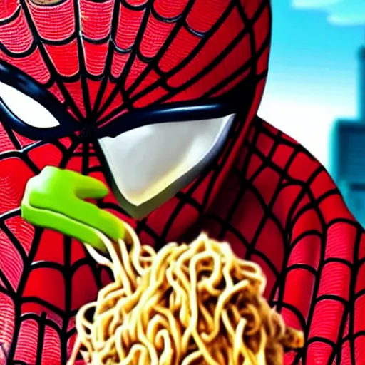 Image similar to close up zoom photo of spiderman eating noodles