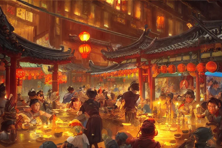 Image similar to fantasy art of a bustling tavern in china, at night, by jesper ejsing, highly detailed digital art, trending on artstation