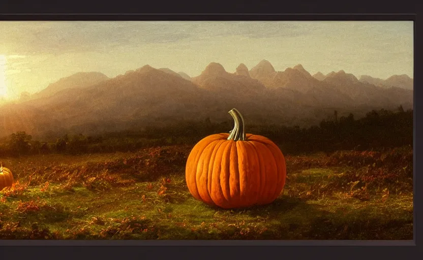 Prompt: pumpkin in the middle of a field, close up shot, rocky, at dusk, distant mountains, 4k, rule of thirds, extreme detail, hazy, intricate ink illustration, trending on artstation, cgsociety, hd, calm, complimentary colours, realistic lighting, by Albert Bierstadt, Frederic Edwin Church.