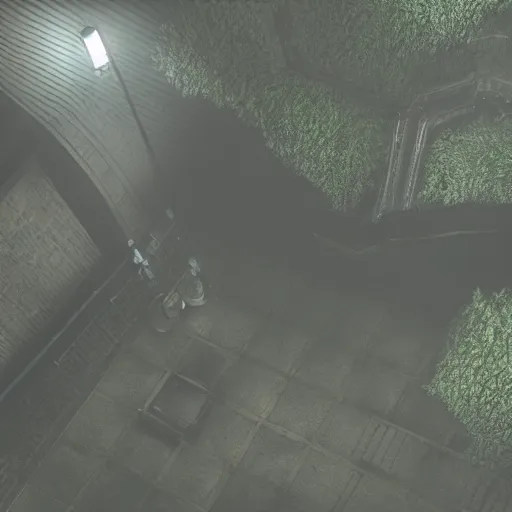 Prompt: playstation 5 screenshot of silent hill, overhead view, ultra realistic