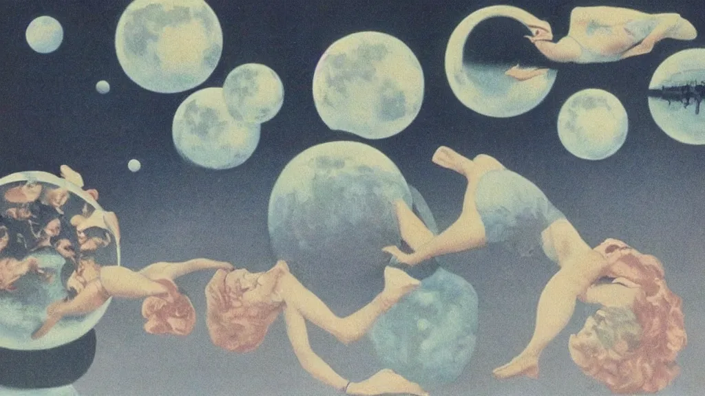 Image similar to A vintage scientific illustration from the 1970s of a choreography for people who can float on the moon by René Magritte