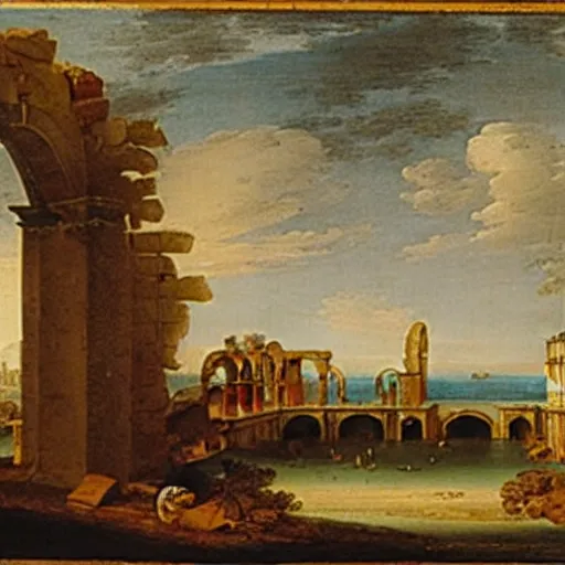 Prompt: view of the ruins of the arch of ronald macdonald by giovanni paolo panini