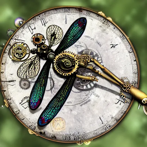 Prompt: steampunk clockwork dragonfly carrying prismatic orbs on it's back