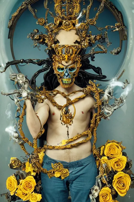 Image similar to full-body baroque and cyberpunk style sculpture of a young handsome Spanish prince half android with a chest opening exposing circuitry and electric sparks, glowing yellow laser eyes, crown of yellow roses, flowing teal-colored silk, fabric, flowers. baroque elements, human skull. full-length view. baroque element. intricate artwork by caravaggio. many many birds birds on background. Trending on artstation, octane render, cinematic lighting from the right, hyper realism, octane render, 8k, depth of field, 3D