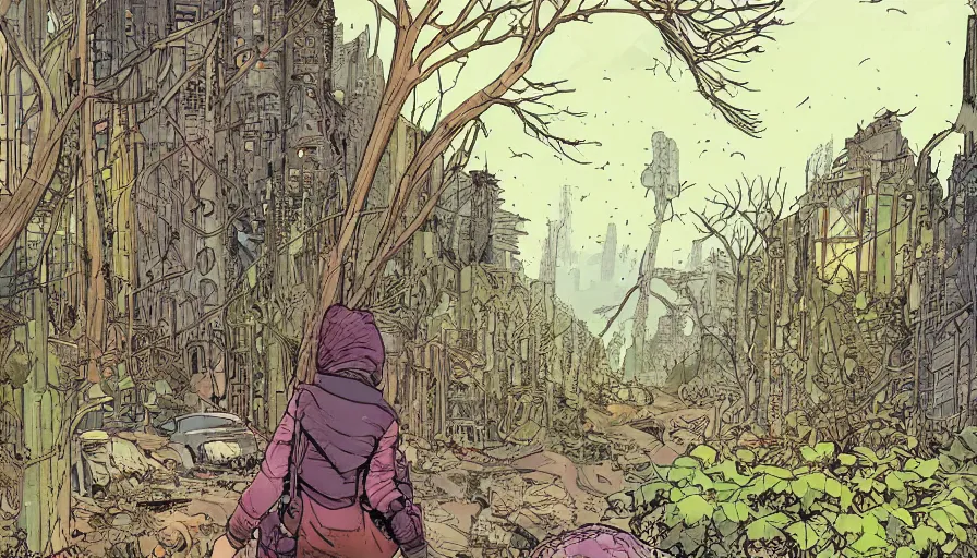 Image similar to ligne claire art of a druid in postapocalyptic city intertwined with nature in the open space, street - level view, by moebius, bright colors, eisner award - winning spread