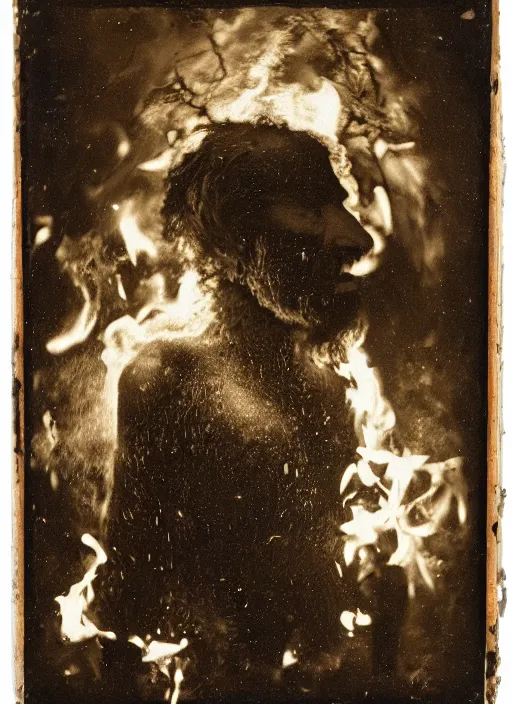 Image similar to old wetplate daguerreotype portrait of neanderthaler creating fire, explosion of data fragments, fractal, intricate, elegant, highly detailed, parallax, leica, medium format, subsurface scattering, by jheronimus bosch and greg rutkowski and louis jacques mande daguerre