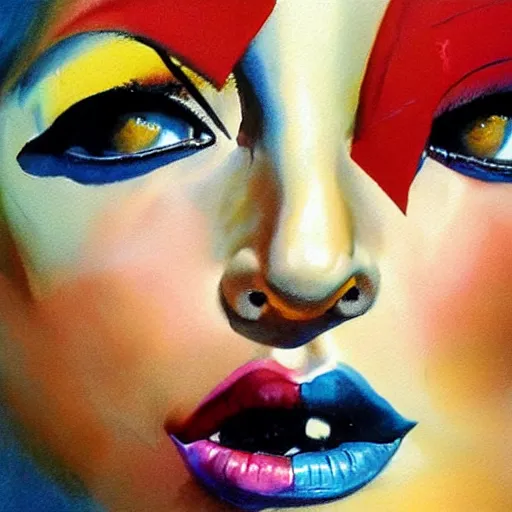 Image similar to detailed details photorealistic pictures lady gaga as harley queen in the style of bob peak and alex ross, gouache and wash paints color, detailed details facial and body and human and environments and proportionate, detailed 5 k details.