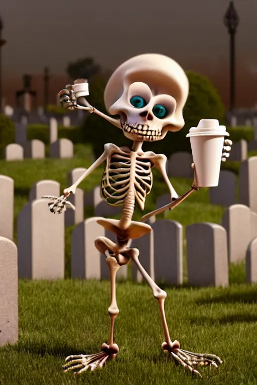 Image similar to a funny skeleton character holding a cup of coffee on a cemetery. pixar disney 4 k 3 d render funny animation movie oscar winning trending on artstation and behance. ratatouille style.
