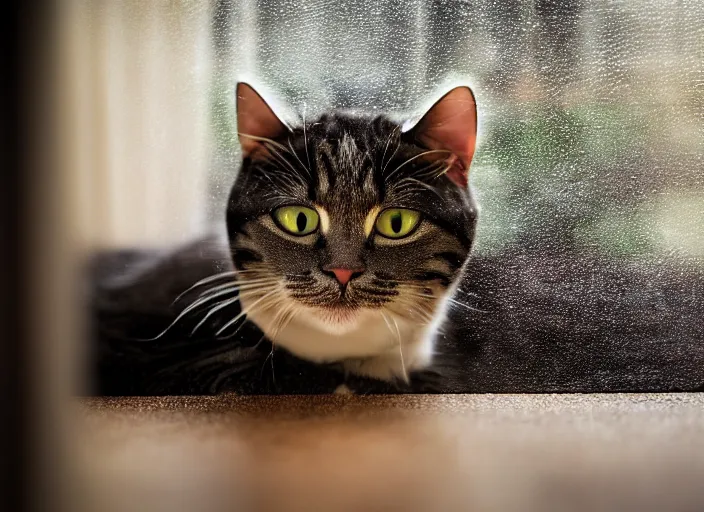 Image similar to photography of a Cat . watching outside the window while it rains. on a bed. in a 70's room full of vinyls and posters, photorealistic, raining award winning photo, 100mm, sharp, high res