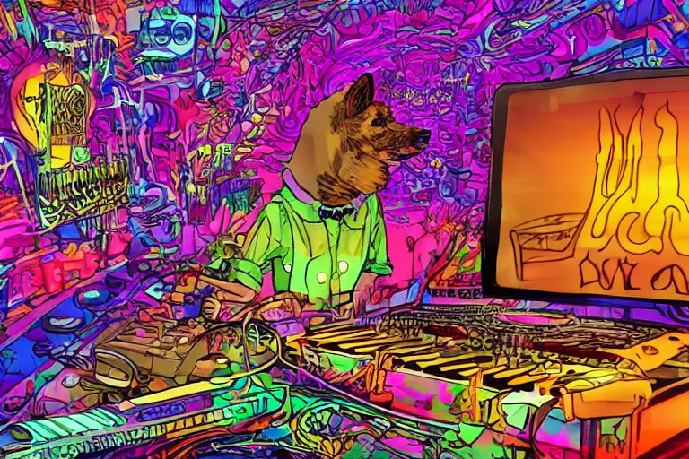 Image similar to a dingo who is a psychedelic music DJ. He is using a 🎹 and a 🎺 and a 🎸, and a computer and apc. There are candles all around. He is tripping on LSD. Highly detailed, Cinematic. Cartoon style. 4k, Realistic, detailed.