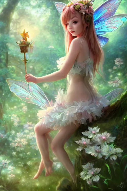 Image similar to a cute fairy in the dreamy forest, fantasy, 8 k resolution, hyper detailed, d & d, character design, digital painting, trending on artstation, sharp focus, illustration, art by artgerm, steve zheng, fuji choko, viktoria gavrilenko, hoang lap