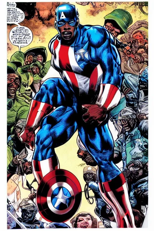 Image similar to black captain America. concept art by James Gurney and Mœbius.