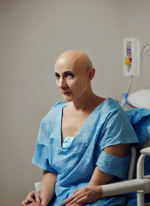 Prompt: medium shot, photo of a beautiful bald 4 0 year old woman hospital patient sitting in a hospital room, wearing a hospital gown, with an iv drip, hopeful. studio lighting, 3 5 mm, marketing photo by charlie waite, max rive, caroline foster.