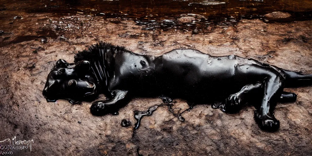 Image similar to the black lioness made of tar, dripping tar, dripping goo, sticky black goo, laying on their back bathing in the pit filled with tar, dripping goo, sticky black goo. photography, dslr, reflections, black goo, rim lighting, cinematic light, tar pit, chromatic