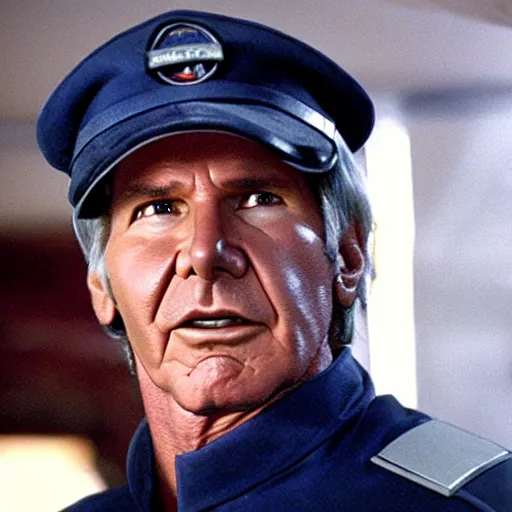 Image similar to A still of Harrison Ford as Commander Adama in Battlestar Galactica (2003) wearing a dark blue uniform, a Cylon is in the background