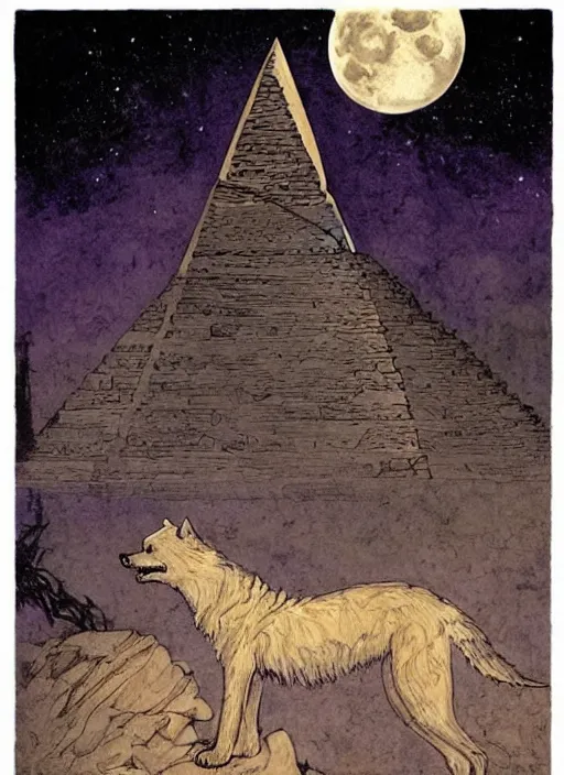 Image similar to a dire wolf howls in the moonlight near the pyramid of giza in the sky 2 3 twinkling purple stars on the cover of a vintage sandman graphic novel by dave mckean and james jean, muted colours, dreary atmosphere