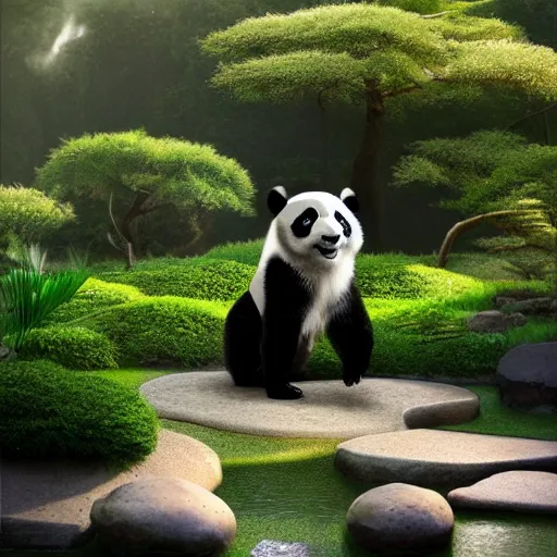 Image similar to a panda In a beautiful Japanese garden, peaceful, digital art, colorful, 4k, light rays, volumetrics, trending on artstation, by Beeple