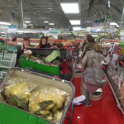 Image similar to hobbits in Asda looking at the cheap meat