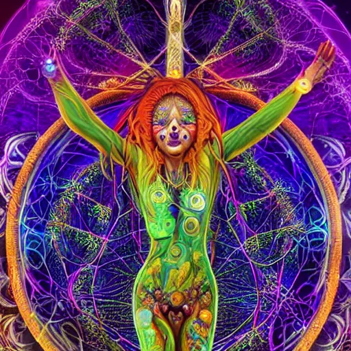 Prompt: hallucionational imaginery spirits, gaia, close up human form with third eye and peacock tail, crucifix, anatomical, tree of life, swirls, energy, dream, xray art, symmetrical, in the style of pablo amaringo, alex grey, hana alisa omer, hannah yata, psychedelic, simple, octane render 4 k