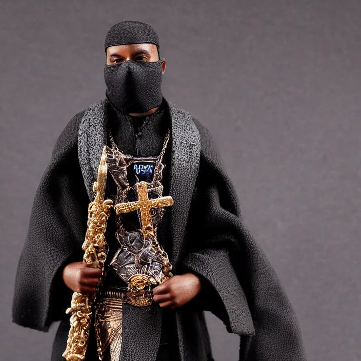 Prompt: a hot toys figure of kanye west using a black religious - themed face - covering mask with jesus graphics designed by pierre - louis auvray made of cloth, a black shirt, a blue puff undersized round jacket and black rubber boots, figurine, detailed product photo