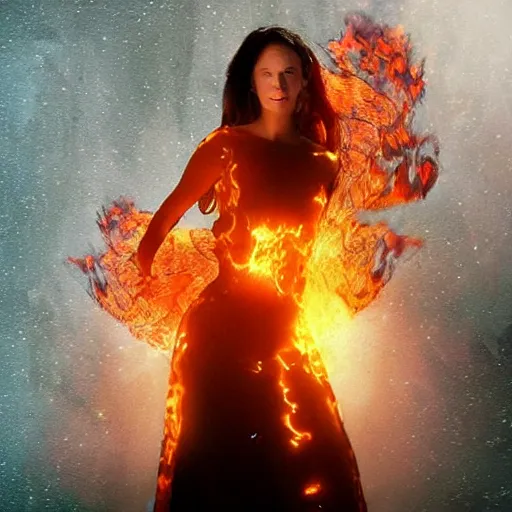 Image similar to a woman, on fire, sci - fi, giant, photoshop, creative and cool, photo manipulation