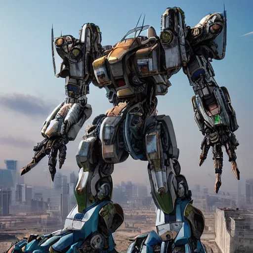 Image similar to a beautiful hyperrealistic ultradetailed 3D render of a gigantic mecha standing over the city, by brian sum and stephen martiniere and Antonio Manzanedo. mech, dragon, unreal engine, octane render, PBR, 3D, brilliantly colored, intricate, wide angle, volumetric lighting, polished, path tracing