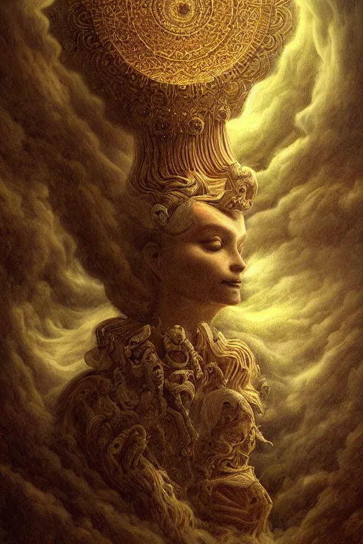 Image similar to Intricate stunning highly detailed deity by agostino arrivabene and Vladimir Kush, surreal, digital painting, ultra realistic, Horror vacui, dramatic lighting, full moon, thick black swirling smoke tornado, burning fire embers, artstation